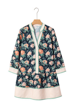 Blue Floral Print Striped Trim V Neck Long Sleeve Ruffle Hem Shift Mini Dress