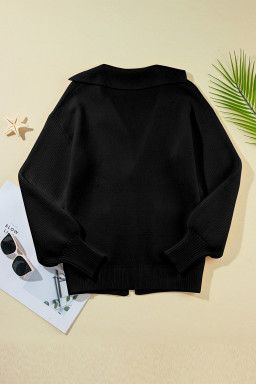 Black Solid Color Knit Lapel Collar Single Button Sweater Cardigan