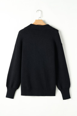 Black Solid Color Knit Lapel Collar Single Button Sweater Cardigan