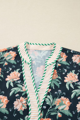 Blue Floral Print Striped Trim V Neck Long Sleeve Ruffle Hem Shift Mini Dress