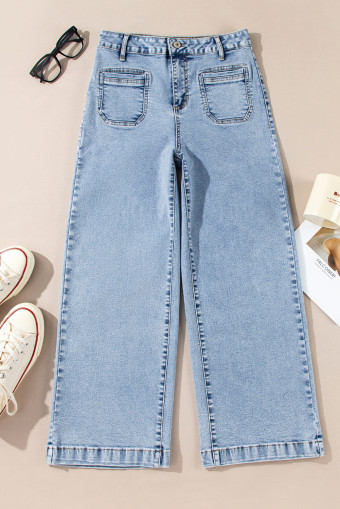 Light Blue Chic Patch Pocket Straight Leg Loose Jeans