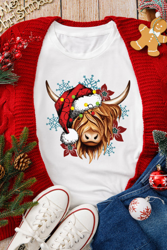 White Christmas Highland Ox Snowflake Print Womens T Shirt