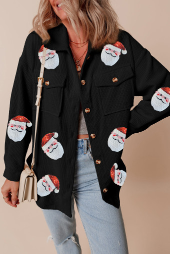 Black Sequin Father Christmas Graphic Button Down Ribbed Shacket