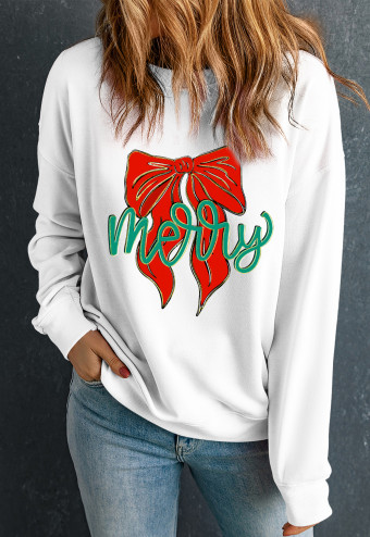 White merry Festive Bow Print Drop Shoulder Loose Pullover Sweatshirt