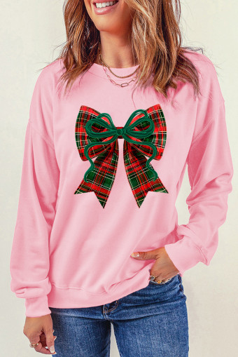 Pink Plaid Bow Christmas Vibe Print Sweatshirt