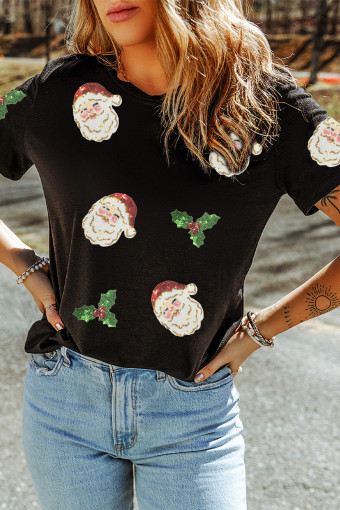 Black Christmas Holly Santa Claus Sequin Patched Graphic Tee