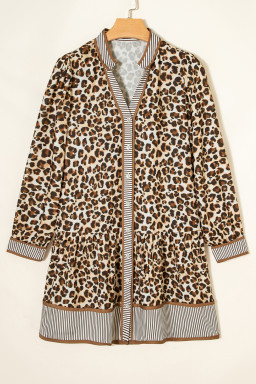 Brown Leopard Print Striped Patchwork 3/4 Sleeve Loose Mini Dress