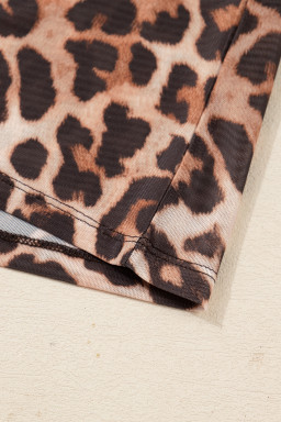 Brown Leopard Mock Neck Long Sleeve Mesh Top