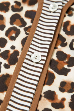 Brown Leopard Print Striped Patchwork 3/4 Sleeve Loose Mini Dress