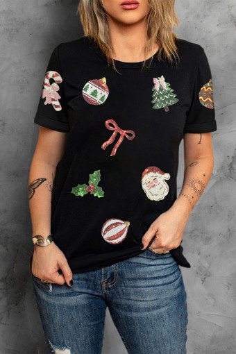 Black Multi Christmas Element Sequin Patched Graphic Tee