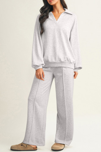 Light Grey Polo Collar V Neck Pullover and Drawstring Sweatpants Set