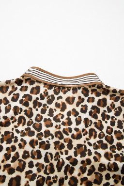 Brown Leopard Print Striped Patchwork 3/4 Sleeve Loose Mini Dress