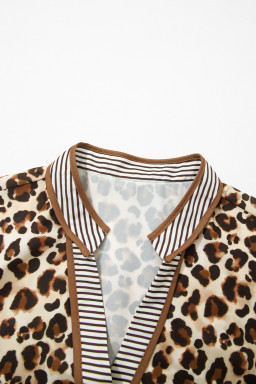Brown Leopard Print Striped Patchwork 3/4 Sleeve Loose Mini Dress