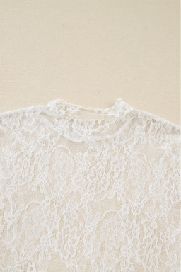 White Sheer Lace Mesh Mock Neck Slim Fit Long Sleeve Top