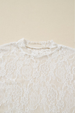 White Sheer Lace Mesh Mock Neck Slim Fit Long Sleeve Top