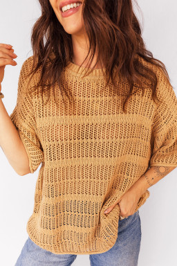 Mustard Hollow out Openwork Knit 3/4 Sleeve Sweater