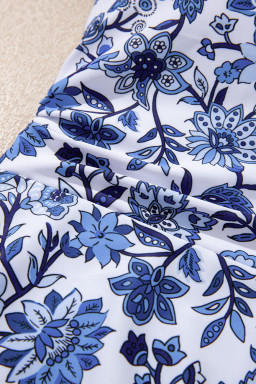 Sky Blue Crossed Back Floral Print Asymmetric Knot Side One Piece Swimsuit