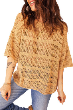 Mustard Hollow out Openwork Knit 3/4 Sleeve Sweater