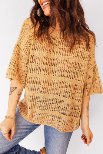 Mustard Hollow out Openwork Knit 3/4 Sleeve Sweater
