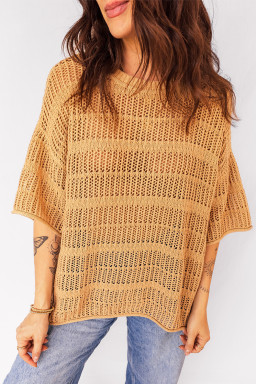 Mustard Hollow out Openwork Knit 3/4 Sleeve Sweater