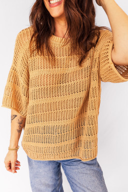 Mustard Hollow out Openwork Knit 3/4 Sleeve Sweater