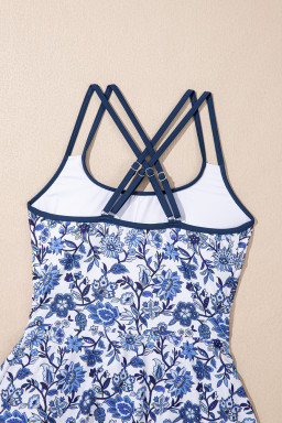 Sky Blue Crossed Back Floral Print Asymmetric Knot Side One Piece Swimsuit