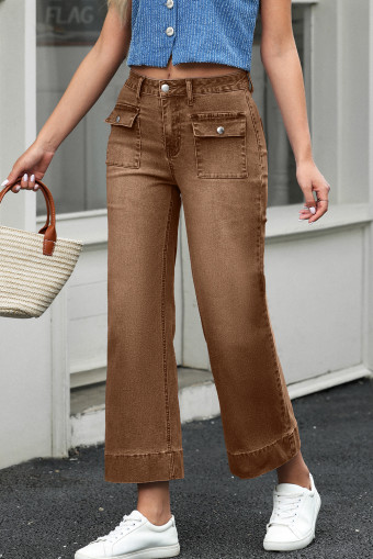 Brown Flap Pockets Front Straight Cropped Jeans