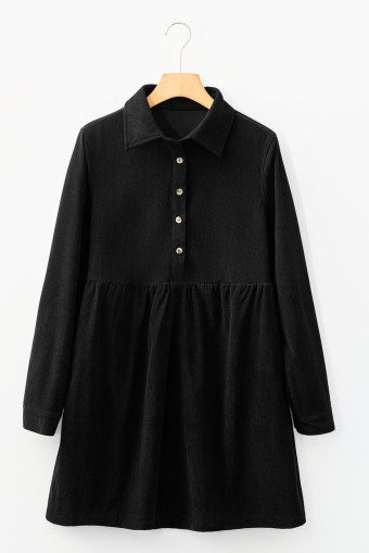 Black Corduroy Half Button Collared Long Sleeve Mini Dress