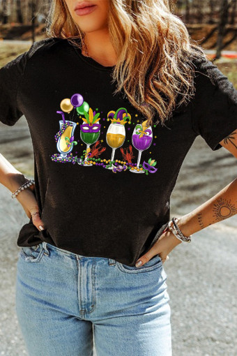 Black Cheerful Mardi Gras Drinks Crayfish Printed T Shirt