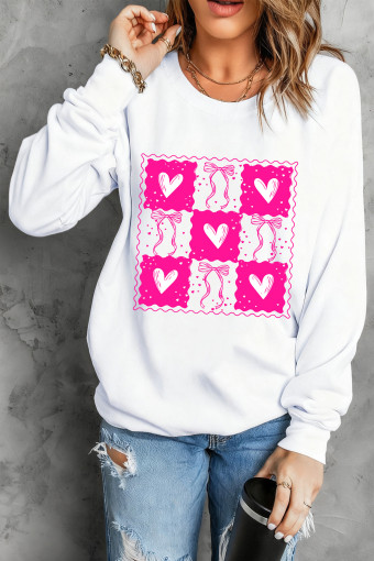 White Valentines Bow Heart Checkered Print Pullover Sweatshirt
