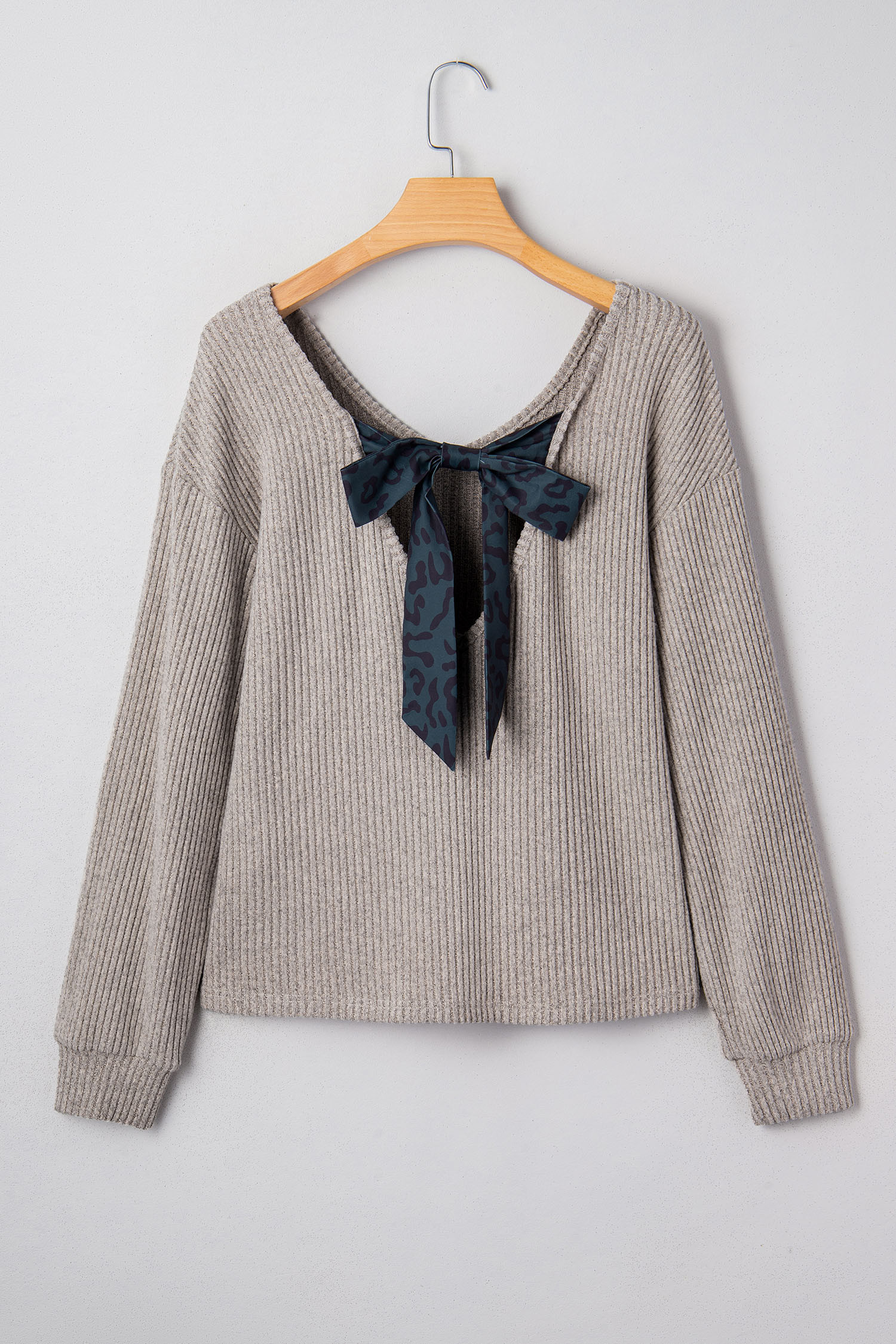 Simply Taupe Ribbed V Neck Contrast Ribbon Bow Back Drop Shoulder Long Sleeve Top