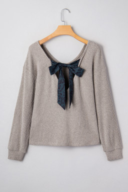 Simply Taupe Ribbed V Neck Contrast Ribbon Bow Back Drop Shoulder Long Sleeve Top