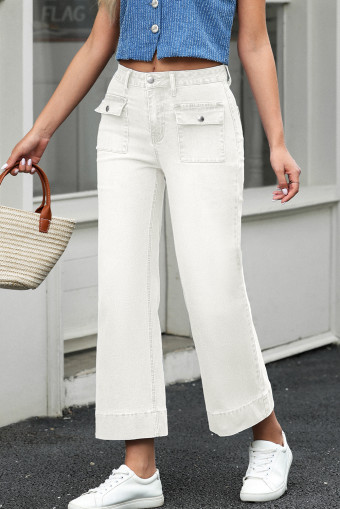 White Flap Pockets Front Straight Cropped Jeans