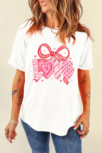 White Sweet LOVE Ribbon Bow Printed Valentines Day T Shirt