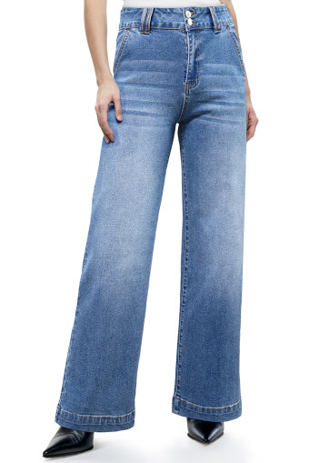 Sky Blue Double Button Zip Fly Straight Leg Jeans