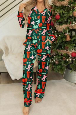 Green Festive Bow Print 2pcs Pajama Pant Set
