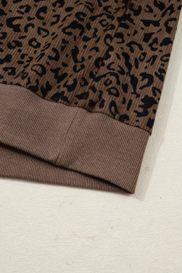 Brown Leopard Print Quarter Zip Corduroy Sweatshirt