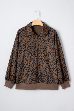 Brown Leopard Print Quarter Zip Corduroy Sweatshirt