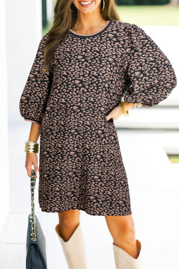 Black Leopard Print Bubble Sleeve Shift Mini Dress