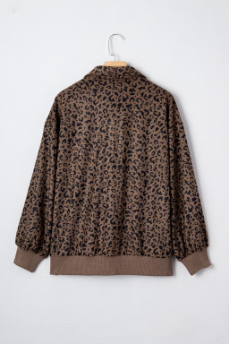 Brown Leopard Print Quarter Zip Corduroy Sweatshirt
