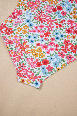 Red Floral Print Ricrac Trim Spaghetti Strap One Piece Swim Dress