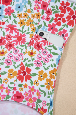 Red Floral Print Ricrac Trim Spaghetti Strap One Piece Swim Dress