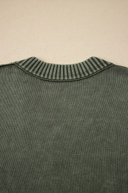 Four Leaf Clover Mineral Wash V Neck Knit Exposed Seam Drop Shoulder Loose Sweater