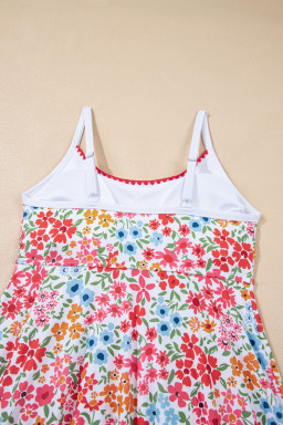 Red Floral Print Ricrac Trim Spaghetti Strap One Piece Swim Dress