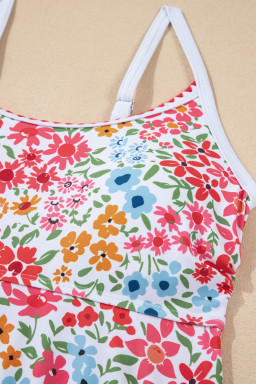 Red Floral Print Ricrac Trim Spaghetti Strap One Piece Swim Dress