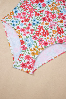 Red Floral Print Ricrac Trim Spaghetti Strap One Piece Swim Dress