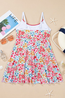 Red Floral Print Ricrac Trim Spaghetti Strap One Piece Swim Dress