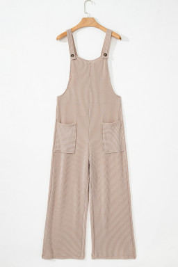 Parchment Ribbed Knit Patched Pocket Wide Leg Overalls
