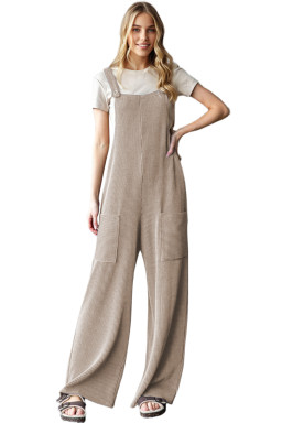Parchment Ribbed Knit Patched Pocket Wide Leg Overalls