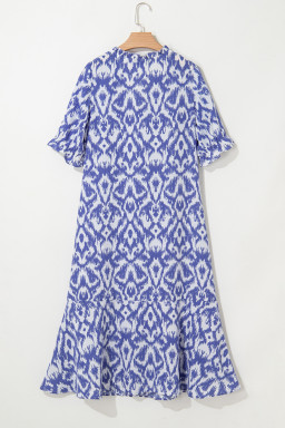 Sky Blue Geometric Print V Neck Casual Long Dress